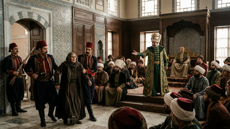 Die arme Mutter wurde von Soldaten aus der großen Halle gezerrt, weil sie den Sultan angefleht hatte, ihren Sohn vor der Hinrichtung zu retten. Ein Wesir verspottete sie vor dem gesamten Hofstaat. Doch als sie den wahren Kindheitsnamen des Sultans aussprach, wurde der ganze Palast totenstill. Der Wesir begriff sofort, dass sie keine gewöhnliche Frau war.