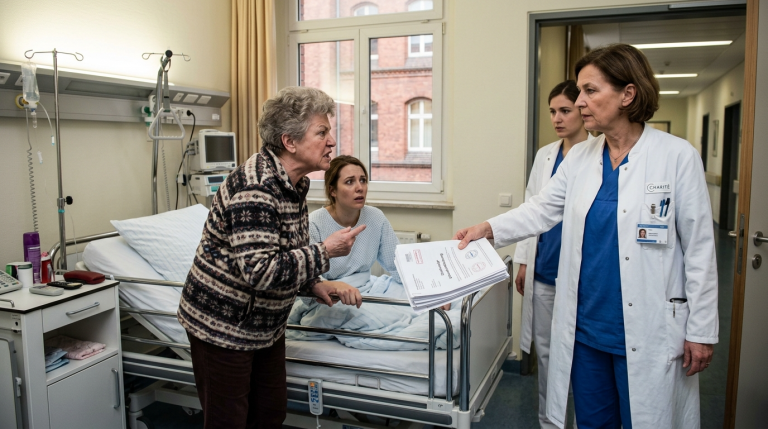 IM KRANKENHAUS CHARITÉ ZERRTE MEINE SCHWIEGERMUTTER MICH VOM KRANKENBETT UND SCHRIE, ICH SOLLE VERSCHWINDEN, DAMIT SIE DIE 20000 EURO LEBENSVERSICHERUNG IHRES SOHNES KASSIEREN KANN… DOCH DANN TRAT DER OBERARZT EIN UND ÜBERGAB IHR DIE STRAFANZEIGE WEGEN URKUNDENFÄLSCHUNG.