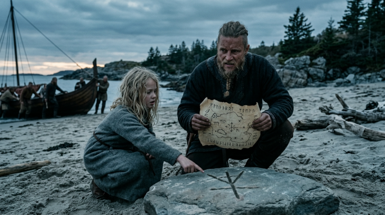 DIE WIKINGER FOLGTEN EINER ALTEN SEEKARTE NACH VINLAND — DOCH ALS EIN MÄDCHEN AM STRAND DIE GEFÄLSCHTE RUNE ENTDECKTE, WUSSTE DER KAPITÄN, DASS JEMAND DIE MANNSCHAFT IN DEN TOD FÜHREN WOLLTE…