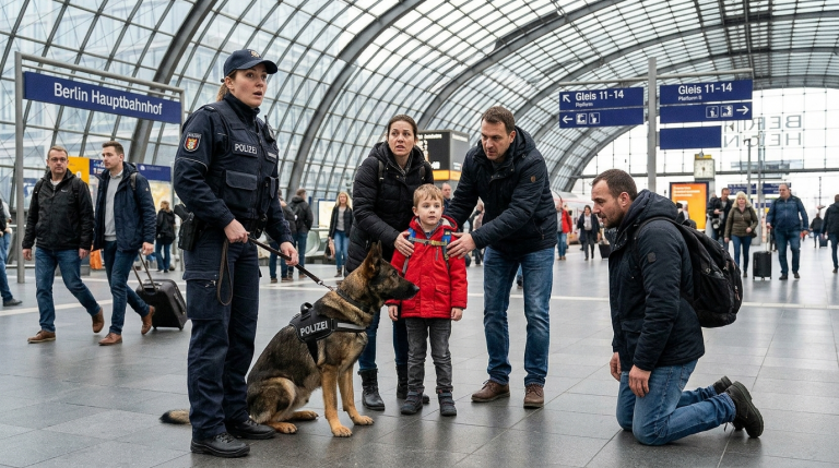 MEIN K9-HUND ESKORTIERTE GERADE EINEN VERDÄCHTIGEN AM BERLINER HAUPTBAHNHOF, ALS ER SICH PLÖTZLICH UMDREHTE UND SICH VOR EINEN KLEINEN JUNGEN STELLTE. DIE ELTERN DES JUNGEN DACHTEN, ER WÜRDE ANGREIFEN, SCHRIEN AUF UND ZOGEN IHR KIND ZURÜCK. DOCH ALS DER VERDÄCHTIGE DEN JUNGEN SAH, GING ER VON SELBST AUF DIE KNIE — UND ICH ERSTARRTE.