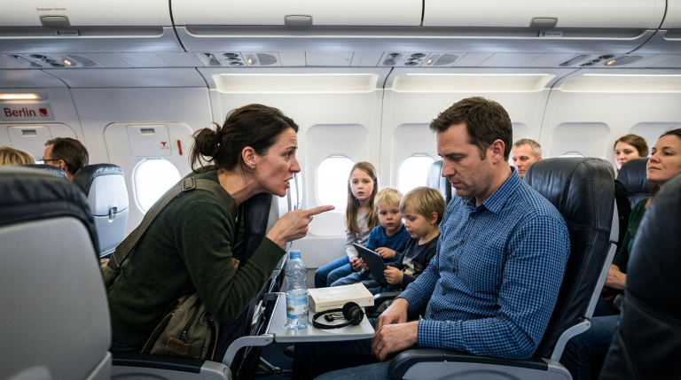 IN EINEM FLUGZEUG NACH BERLIN ZEIGT EINE MUTTER WÜTEND MIT DEM FINGER AUF DAS GESICHT IHRES MANNES, WEIL ER IHR GEMEINSAMES HAUS OHNE IHR WISSEN AN SEINE JÜNGERE GELIEBTE VERKAUFT HAT… WIRD DER ANWALT AM FLUGHAFEN DAS GELD FÜR DIE 3 KINDER RETTEN?