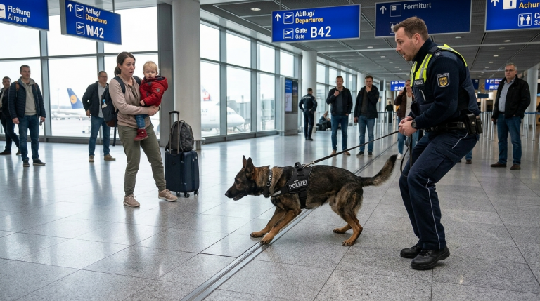 MEIN K9-HUND FÜHRTE GERADE EINE SICHERHEITSKONTROLLE AM FRANKFURTER FLUGHAFEN DURCH, ALS ER MICH PLÖTZLICH IN RICHTUNG EINER MUTTER ZOG, DIE IHR KIND AUF DEM ARM TRUG, UND MICH ZU FALL BRACHTE. SIE ERSCHRAK, UMKLAMMERTE DAS BABY UND WICH ZURÜCK. DOCH DER K9 KNURRTE NUR DEN FLIESENBODEN UNTER IHREN FÜSSEN AN, VON WO EIN SEHR LEISES TICKEN KAM. ICH STAND WIE ERSTARRT DA.