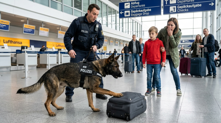 MEIN K9-HUND KONTROLLIERTE GERADE DAS GEPÄCK AM MÜNCHNER FLUGHAFEN, ALS ER PLÖTZLICH DIE GANZE MENSCHENREIHE IGNORIERTE UND ZU EINEM JUNGEN RANNTE, DER STILL DASTAND. DIE MUTTER DES JUNGEN SCHRIE AUF UND ZOG IHR KIND ZURÜCK. DOCH DER K9 BLOCKIERTE NUR MIT SEINER PFOTE DIE TASCHE, DIE DICHT AN DEN SCHUHEN DES JUNGEN STAND, UND ICH HÖRTE EIN SEHR SELTSAMES GERÄUSCH.