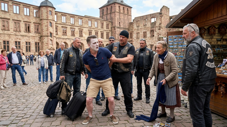 DER ARROGANTE TOURIST OHRFEIGTE DIE ALTE FRAU, DIE VOR DEM HEIDELBERGER SCHLOSS SOUVENIRS VERKAUFTE, WEIL SIE DEN PREIS NICHT SENKEN WOLLTE. IHR SCHAL FIEL HERUNTER UND GAB EIN ALTES BIKER-ABZEICHEN FREI, DAS DARUNTER FESTGESTECKT WAR. DIE DEUTSCHE BIKERGRUPPE IN DER NÄHE TRAT SOFORT NÄHER. EINER VERDREHTE IHM DEN ARM UND ZWANG IHN, VOR DEM STAND DEN KOPF ZU SENKEN. ER STAND WIE VERSTEINERT DA, DAS GESICHT KREIDEBLEICH.
