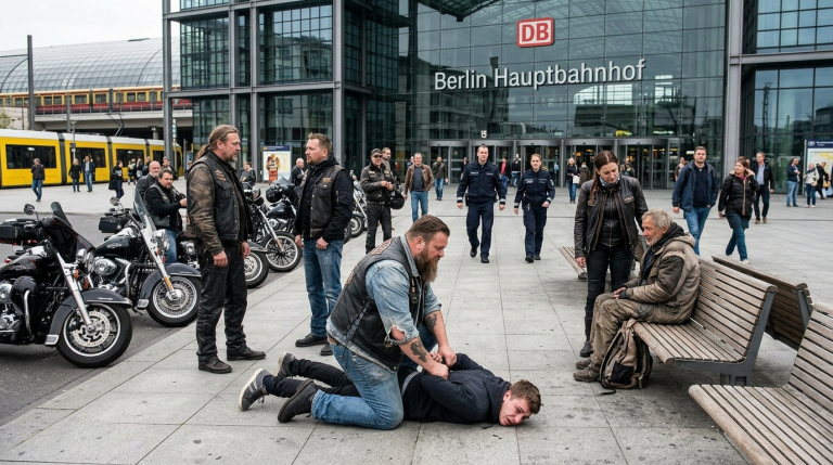 DER SCHLÄGER OHRFEIGTE DEN OBDACHLOSEN ALTEN MANN VOR DEM BERLINER HAUPTBAHNHOF, WEIL ER SICH WEIGERTE, DIE WARTEBANK ZU VERLASSEN. SEIN ÄRMEL WAR ZERRISSEN UND GAB EIN ALTES, VERBLASSTES BIKER-TATTOO FREI. DIE GANZE MOTORRADGRUPPE HIELT SOFORT AN. EIN BIKER VERDREHTE DEM SCHLÄGER DEN ARM, DRÜCKTE IHN ZU BODEN UND HIELT IHN DORT FEST, BIS DIE POLIZEI KAM. ER LAG STILL DA, DIE LIPPEN ZITTERTEN UNKONTROLLIERT.