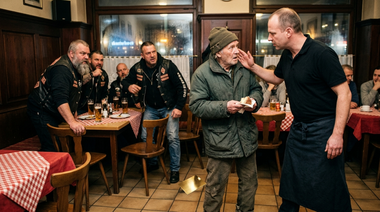 DER RESTAURANTMANAGER OHRFEIGTE DEN ALTEN MANN IN ABGETRAGENER KLEIDUNG IN HAMBURG, WEIL ER EIN STÜCK ÜBRIG GEBLIEBENEN KUCHEN VOM TISCH AUFHOB. EINE METALLKARTE FIEL AUS SEINER TASCHE, IN DIE DER NAME EINES AUFGELÖSTEN BIKERCLUBS EINGRAVIERT WAR. DIE BIKERGRUPPE IN DER ECKE SPRANG SOFORT AUF. SIE DRÄNGTEN DEN MANAGER BIS AN DIE WAND ZURÜCK UND ZWANGEN IHN, SICH MIT GESENKTEM KOPF ZU ENTSCHULDIGEN. ER SCHLUCKTE TROCKEN, DIE AUGEN VOLLER ENTSETZEN.