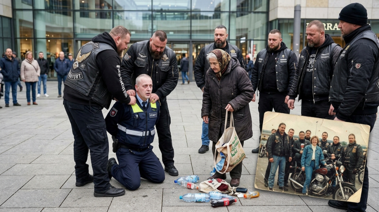 DER FRANKFURTER WACHMANN STIESS DIE ARME ALTE FRAU IN DER NÄHE DES EINKAUFSZENTRUMS HEFTIG GEGEN EINE GLASTÜR, WEIL SIE PLASTIKFLASCHEN SAMMELTE. IHRE STOFFTASCHE FIEL ZU BODEN UND GAB EIN FOTO FREI, AUF DEM SIE VOR 30 JAHREN MITTEN IN EINER BIKERGRUPPE STAND. ALS DIE BIKER ES SAHEN, WURDEN SIE SOFORT STILL. SIE PACKTEN DEN WACHMANN FEST AN DEN SCHULTERN UND ZWANGEN IHN, SICH VOR IHR HINZUKNIEN. SEIN GESICHT WAR VOR ANGST KALKGRAU.