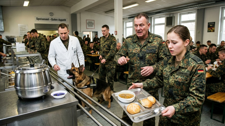 DER FELDWEBEL STIESS DER SOLDATIN IN DER KANTINE DER MÜNCHNER KASERNE DAS TABLETT MIT DEM ESSEN AUS DER HAND, WEIL SIE GEWARNT HATTE, DASS DIE SUPPE SELTSAM RIECHE. ER LACHTE SIE AUS UND TAT SO, ALS ÜBERTREIBE SIE. DOCH DER DIENSTHUND STÜRMTE HERAN UND BELLTE WILD VOR DEM SUPPENTOPF. ALS DIE PROBE IHRE FARBE VERÄNDERTE, WICH DER FELDWEBEL ZURÜCK, DAS GESICHT VOR ANGST VERZERRT.