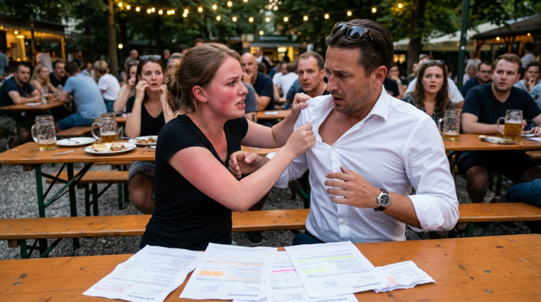 DIE JUNGE FRAU ZERREISST DAS TEURE HEMD IHRES MANNES IN EINEM BERLINER BIERGARTEN, DA ER DIE SPARKONTEN IHRER KINDER FÜR SEINEN LUXUSLIFESTYLE MIT EINER ANDEREN GEPLÜNDERT HAT… WARUM LÄCHELT DER NOTAR ÜBER DIESE 10 GEHEIMEN BANKBELEGE?