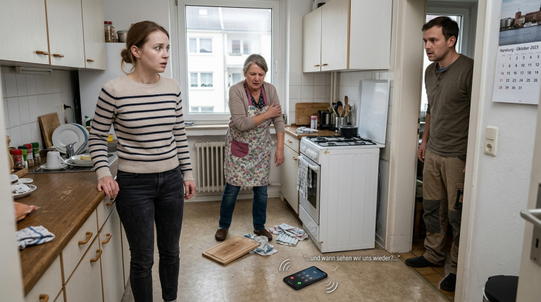 DIE SCHWIEGERTOCHTER SCHLEUDERTE DAS HOLZBRETT IN DER KÜCHE IN HAMBURG GEGEN IHRE SCHWIEGERMUTTER, WEIL DIESE IHR FREMDGEH-TELEFONAT GEHÖRT HATTE. DAS HANDY FIEL ZU BODEN UND SPIELTE NOCH IMMER DIE STIMME EINES FREMDEN MANNES AB. ALS DER EHEMANN HEREINKAM, WURDE DIE SCHWIEGERTOCHTER BLASS, DIE AUGEN VOR PANIK WEIT AUFGERISSEN.