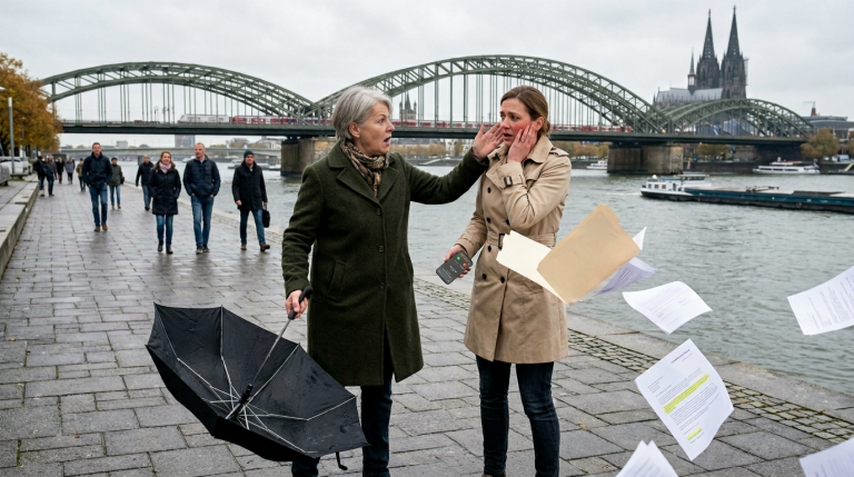 MEINE SCHWIEGERMUTTER OHRFEIGTE MICH AM UFER DES RHEINS IN KÖLN, WEIL SIE GLAUBTE, ICH HÄTTE MEINEN MANN GEZWUNGEN, DIE SCHEIDUNGSPAPIERE ZU UNTERSCHREIBEN. DER WIND WEHTE DIE AKTENMAPPE AUF UND LEGTE DIE BEWEISE FREI, DASS MEIN MANN DERJENIGE WAR, DER FREMDGEGANGEN WAR. GENAU IN DIESEM MOMENT RIEF DER ANWALT AN; MEINE SCHWIEGERMUTTER ZITTERTE UND LIESS IHREN REGENSCHIRM FALLEN.