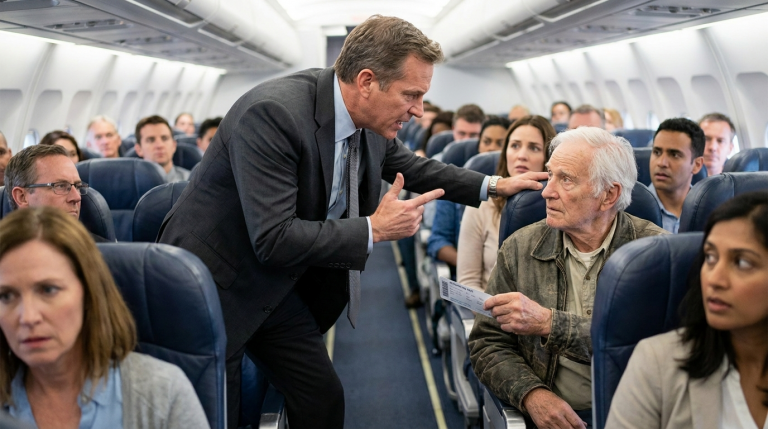 EIN UNHÖFLICHER PASSAGIER ZERRTE DEN VETERANEN AUS DER ERSTEN KLASSE, WEIL ER DACHTE, ER SÄSSE AUF DEM FALSCHEN PLATZ. DER ALTE MANN ZEIGTE NUR SEIN TICKET, DOCH DER PASSAGIER VERSPOTTETE IHN WEITER. ALS DIE FLUGBEGLEITERIN ES ÜBERPRÜFTE UND IHN ALS BESONDEREN EHRENGAST DER FLUGGESELLSCHAFT ANSPRACH, WURDE DIE GANZE KABINE MUCKSMÄUSCHENSTILL. DER MANN SENKTE DEN KOPF, SCHWEISS RANN IHM ÜBER DAS GESICHT.