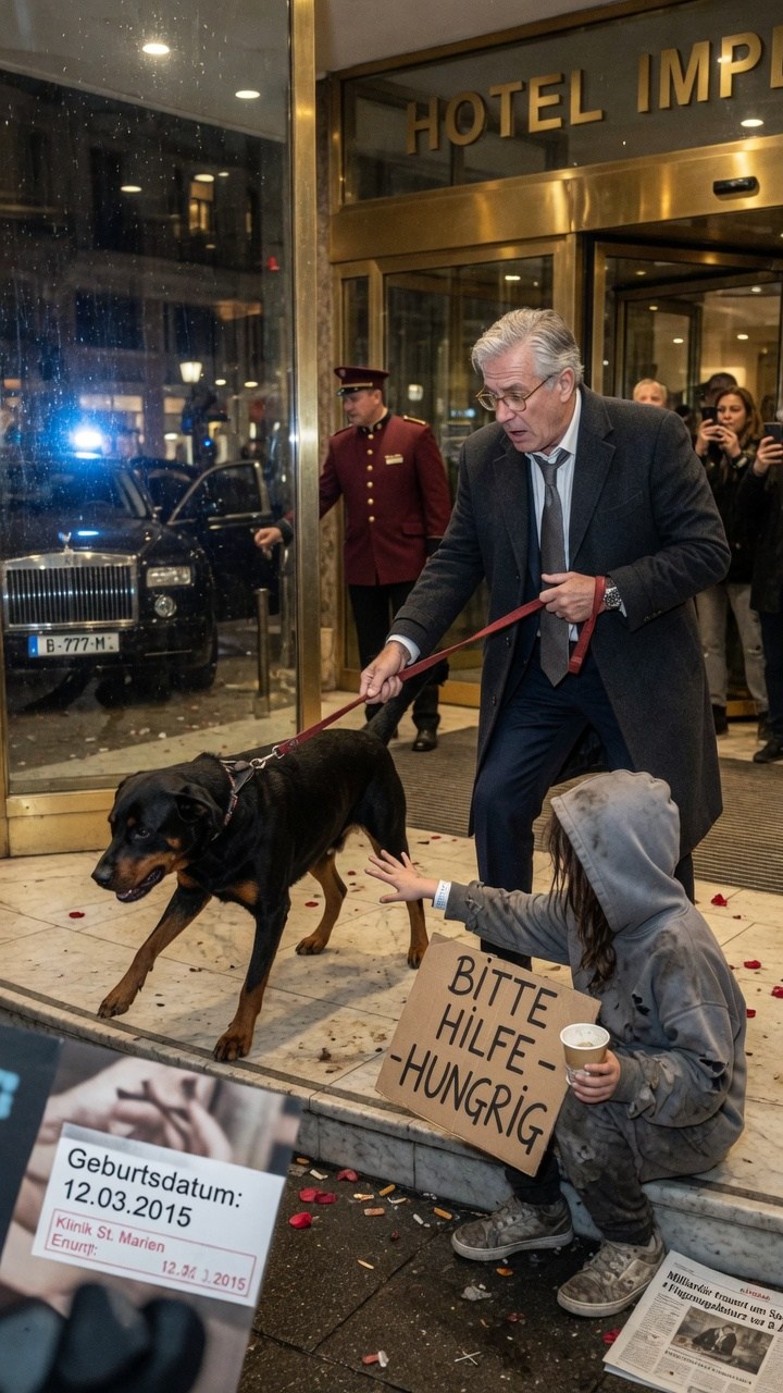 DER HUND DES MILLIARDÄRS ZERRTE IHN ZU EINEM BETTELNDEN KIND VOR DEM LUXUSHOTEL — UND AUF DEM KRANKENHAUSBAND STAND GENAU DAS GEBURTSDATUM SEINES TOTGEGLAUBTEN SOHNES…
