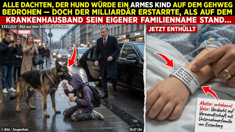 ALLE DACHTEN, DER HUND WÜRDE EIN ARMES KIND AUF DEM GEHWEG BEDROHEN — DOCH DER MILLIARDÄR ERSTARRTE, ALS AUF DEM KRANKENHAUSBAND SEIN EIGENER FAMILIENNAME STAND…