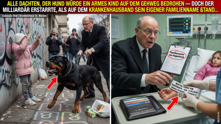 DER MILLIARDÄR WOLLTE SEINEN BELLENDEN HUND WEGZIEHEN — BIS DER BETTELNDE JUNGE DEN ÄRMEL HOCHSCHOB UND DAS KRANKENHAUSBAND BEWIES, DASS SEIN SOHN NIE TOT WAR…