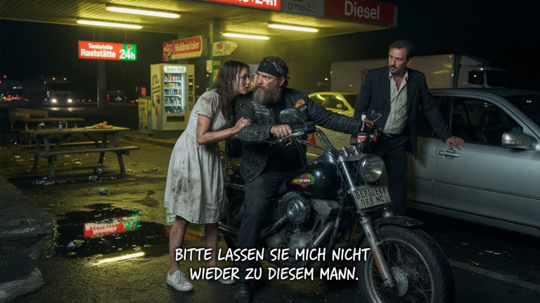 „BITTE LASSEN SIE MICH NICHT WIEDER ZU DIESEM MANN“ — DAS ZITTERNDES MÄDCHEN IM SCHMUTZIGEN KLEID FLÜSTERTE ES EINEM BIKER AN EINER BERLINER RASTSTÄTTE ZU, WÄHREND DER FREMDER SCHON DIE AUTOTÜR ÖFFNETE