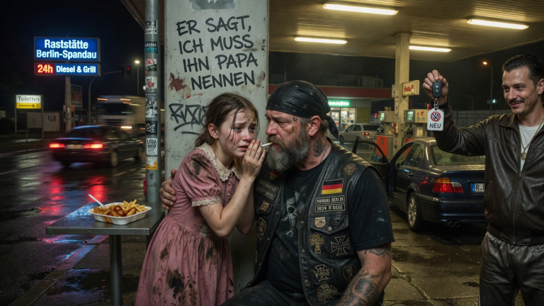 „ER SAGT, ICH MUSS IHN PAPA NENNEN“ — DAS ZITTERnde MÄDCHEN IM SCHMUTZIGEN KLEID FLÜSTERTE ES DEM BIKER AN DER BERLINER RASTSTÄTTE ZU, WÄHREND DER FREMDE MANN DEN AUTOSCHLÜSSEL HOB