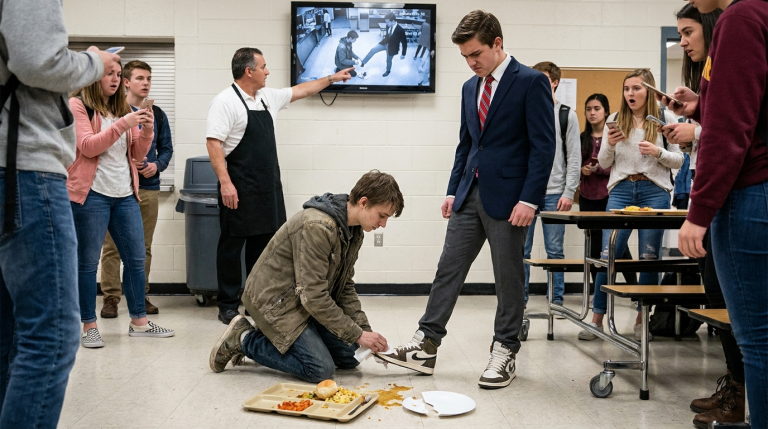 DER REICHE SCHÜLER STIESS DEN DÜNNEN, SCHWÄCHLICHEN MITSCHÜLER AUF DEN BODEN DER CAFETERIA, WEIL DIESER SEIN TABLETT MIT ESSEN AUF SEINE TEUREN SCHUHE FALLEN GELASSEN HATTE. ER ZWANG IHN, SICH HINZUKNIEN UND SIE SAUBER ZU WISCHEN. DOCH ALS DIE KANTINENMITARBEITERIN DIE KAMERA EINSCHALTETE, SAHEN ALLE, DASS ER IHM VORHER ABSICHTLICH EIN BEIN GESTELLT HATTE.