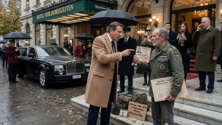 KAPITEL 2 – DER MILLIARDÄR DEMÜTIGTE DEN ARMEN VETERANEN VOR DEM LUXUSHOTEL IN MÜNCHEN — BIS DESSEN ALTE DIENSTMARKE DEN VERTRAG ZUM EINSTURZ BRACHTE…