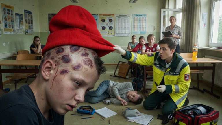 Der Junge, der im heißesten Sommer nie seine enge Wollmütze abnahm und bei jeder Berührung panisch wurde, fiel im Klassenzimmer in Ohnmacht. Als der Notarzt ihm die Mütze abnahm, entdeckte er dunkle Blutergüsse und rote Striemen auf seiner Kopfhaut – das grausame Geheimnis seiner eigenen Eltern.
