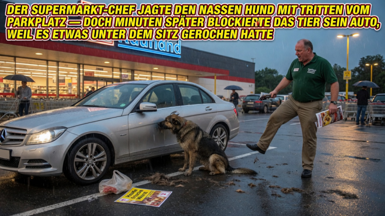 KAPITEL 2 – DER SUPERMARKT-CHEF JAGTE DEN NASSEN HUND MIT TRITTEN VOM PARKPLATZ — DOCH MINUTEN SPÄTER BLOCKIERTE DAS TIER SEIN AUTO, WEIL ES ETWAS UNTER DEM SITZ GEROCHEN HATTE