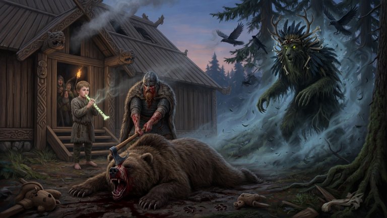 KAPITEL 2 – ALS DER VIKINGERKRIEGER DEN BÄREN DES KLEINEN JUNGENS VOR DEM LANGHAUS ERSCHLUG, HOB DAS KIND NUR EINE KNOCHENFLÖTE AN DIE LIPPEN — DANN KAM ETWAS AUS DEM WALD