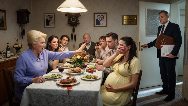 KAPITEL 2 – DIE SCHWIEGERMUTTER OHRFEIGTE DIE SCHWANGERE SCHWIEGERTOCHTER BEIM FAMILIENDINNER — UND DER EHEMANN SAGTE NUR: „MAMA HAT RECHT“… BIS DER NOTAR DIE TÜR ÖFFNETE