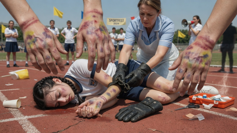 Das Mädchen, das selbst bei 35 Grad dicke Lederhandschuhe trug und ihre Hände ängstlich versteckte, brach beim Sportfest ohnmächtig zusammen. Als die Krankenschwester die Handschuhe auszog, kamen Hände voller blauer Flecken und schmerzhafter Striemen zum Vorschein – die dunkle Wahrheit über ihre Familie wurde endlich aufgedeckt.