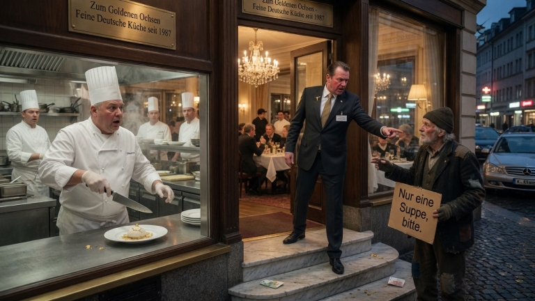 KAPITEL 2 – DER REICHE RESTAURANTBESITZER VERJAGTE DEN BETTLER VON DER TÜR — BIS DER ALTE MANN NUR EINEN SATZ SAGTE UND DER CHEFKOCH DAS MESSER FALLEN LIESS…