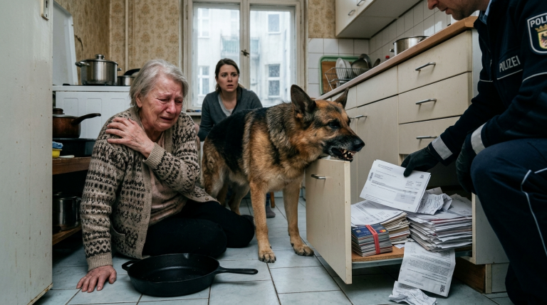 DIE SCHWIEGERTOCHTER SCHLUG IHRER SCHWIEGERMUTTER IN DER KÜCHE NAHE DEM ALEXANDERPLATZ IN BERLIN MIT EINER PFANNE AUF DIE SCHULTER, WEIL DIE ALTE FRAU ENTDECKT HATTE, DASS SIE HEIMLICH IHRE RENTENZAHLUNGEN ABHOB. DIE PFANNE FIEL ZU BODEN UND STIEẞ EINE SCHUBLADE AUF, IN DER VERSTECKTE BANKKARTEN LAGEN. ALS DIE POLIZEI DIE ÜBERWACHUNGSAUFNAHMEN AM GELDAUTOMATEN PRÜFTE, WURDE DIE SCHWIEGERTOCHTER KALKBLEICH, UND IHRE HÄNDE ZITTERTEN UNAUFHÖRLICH.