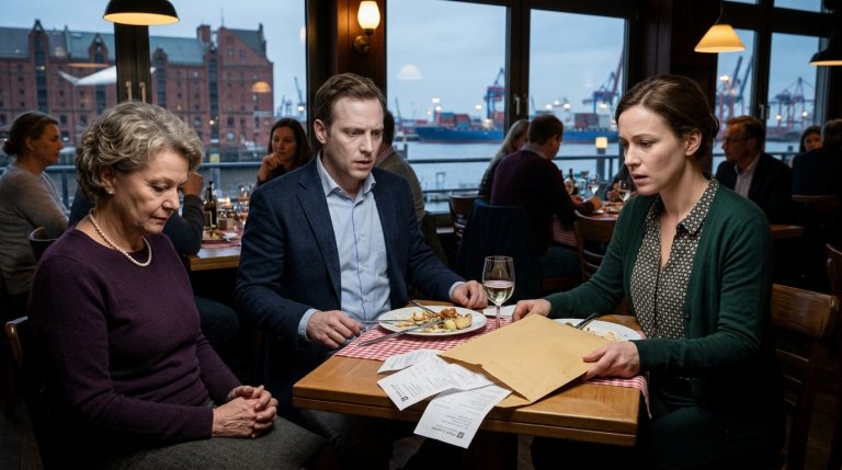 MEIN MANN STIEẞ MICH IM RESTAURANT NAHE DEM HAMBURGER HAFEN GEGEN DEN STUHL ZURÜCK, WEIL ICH DAS VERSCHWUNDENE GELD ERWÄHNTE, WÄHREND MEINE SCHWIEGERMUTTER SAGTE, ICH WÜRDE MEINEM MANN NUR MISSTRAUEN. DER UMSCHLAG FIEL AUS SEINER JACKE UND ENTHÜLLTE HOTELRECHNUNGEN MIT SEINER GELIEBTEN. AM TISCH WURDE ES SCHLAGARTIG STILL; ER WURDE KALKBLEICH, UND MEINE SCHWIEGERMUTTER SENKTE DEN BLICK.