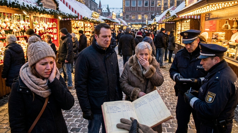 MEIN MANN OHRFEIGTE MICH MITTEN AUF DEM NÜRNBERGER WEIHNACHTSMARKT, WEIL ICH SEINER MUTTER MEIN SPARBUCH NICHT GEBEN WOLLTE, WÄHREND SIE HINTER IHM STAND UND SAGTE, ER HABE RICHTIG GEHANDELT. DAS SPARBUCH FIEL ZU BODEN UND ENTHÜLLTE ALL DIE ILLEGALEN ABHEBUNGEN, DIE SIE GETÄTIGT HATTE. ALS DIE POLIZEI DIE TRANSAKTIONEN VORLAS, STANDEN MUTTER UND SOHN WIE VERSTEINERT DA.