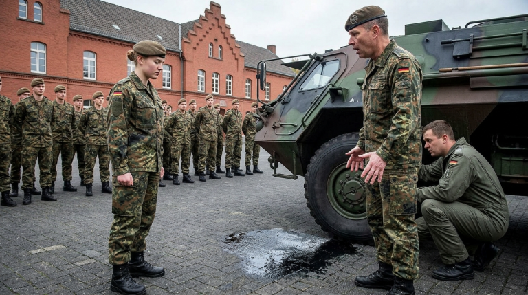DER OFFIZIER OHRFEIGTE DIE JUNGE REKRUTIN VOR DER FORMATION IN BONN, WEIL SIE SICH WEIGERTE, IN DAS PANZERFAHRZEUG ZU STEIGEN. ER NANNTE SIE EINE SCHANDE FÜR DIE EINHEIT. DOCH SIE ZEIGTE NUR AUF DIE SCHWARZE ÖLSPUR UNTER DEM RAD. ALS DER TECHNIKER NACHSAH, ENTDECKTE ER, DASS DIE BREMSEN MANIPULIERT WORDEN WAREN. DER OFFIZIER STARRTE MIT OFFENEM MUND, SEINE HÄNDE ZITTERTEN SO STARK, DASS ER SIE NICHT MEHR SCHLIEẞEN KONNTE.