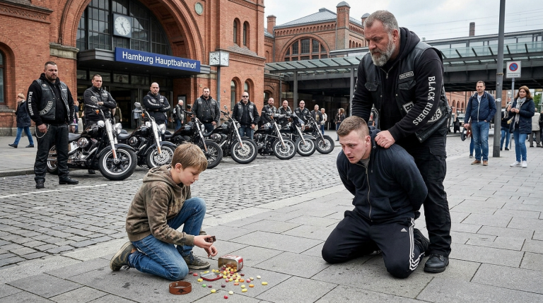 DIE SCHUTZGELD-GANG AM HAMBURGER BAHNHOF STIEẞ DEN JUNGEN BONBONVERKÄUFER ZU BODEN, WEIL ER DAS „STANDGELD“ NICHT BEZAHLEN WOLLTE. DIE BONBONDOSE FLIEGTE WEG UND GAB EIN LEDERARMBAND MIT DEM EINGRAVIERTEN SYMBOL „BLACK RIDERS“ FREI. DIE GANZE BIKERGRUPPE, DIE AUF DER ANDEREN STRAẞENSEITE PARKTE, STELLTE SOFORT DIE MOTOREN AB UND WURDE UNHEIMLICH STILL. DER ANFÜHRER TRAT VOR UND ERKANNTE, DASS ES DAS ARMBAND DES KINDES WAR, DAS DER VERSTORBENE CLUBCHEF EINST ADOPTIERT HATTE. DER ANFÜHRER DER GANG WURDE AM KRAGEN GEPACKT, AUF DEN BAHNHOFSBODEN GEDRÜCKT UND GEZWUNGEN, SICH VOR ALLEN BEI DEM JUNGEN ZU ENTSCHULDIGEN. ER BLIEB REGUNGSLOS LIEGEN, DAS GESICHT KREIDEBLEICH, ALS HÄTTE ER EIN GESPENST GESEHEN.