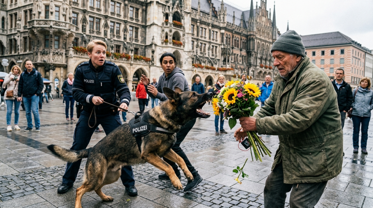 MEIN K9-HUND ESKORTIERTE EINEN VERDÄCHTIGEN ÜBER DEN MARIENPLATZ, ALS ER SICH PLÖTZLICH UMDREHTE UND AUF EINEN ALTEN BLUMENVERKÄUFER ZUSTÜRMTE. DIE MENSCHEN DACHTEN, ER WOLLE IHN BEISSEN. DOCH DER K9 KNURRTE NUR DEN BLUMENSTRAUSS IN DER HAND DES ALTEN MANNES AN, AUS DEM EIN SEHR LEISES TICKEN KAM. ICH BEGANN AM GANZEN KÖRPER ZU ZITTERN.