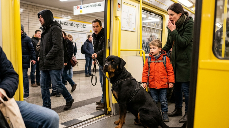 MEIN ROTTWEILER STIEẞ EINEN KLEINEN JUNGEN VON DER TÜR DER BERLINER U-BAHN ZURÜCK. SEINE MUTTER SCHRIE AUF, WEIL SIE DACHTE, ER WÜRDE DAS KIND ANGREIFEN. DOCH DER ROTTWEILER STARTE NUR DEN MANN AN, DER DIREKT HINTER DEM JUNGEN STAND. ALS ER BEMERKTE, DASS ICH ZURÜCKSAH, DREHTE ER SICH SOFORT WEG.