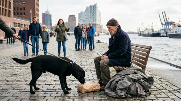 MEIN LABRADOR GING MIT MIR AM HAMBURGER HAFEN SPAZIEREN, ALS ER PLÖTZLICH EINEM ALTEN MANN DEN MANTEL VON DER PARKBANK ZOG. PASSANTEN BESCHIMPFEN MICH HEFTIG. DOCH ER BESCHNUPPERTE NUR DIE PAPIERTÜTE ZU DEN FÜẞEN DES MANNES. ALS DER ALTE LEISE SAGTE: „DIESE TASCHE IST NICHT MEINE“, ERSTARRTE ICH.