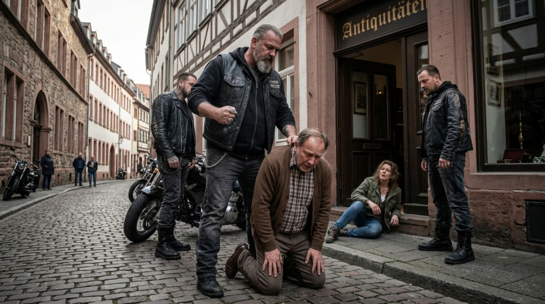 DER BESITZER EINES ANTIKLADENS IN HEIDELBERG STIEẞ EINE ALME FRAU AUS DER TÜR, WEIL SIE EINEN ALTEN BIKER-RING VERKAUFEN WOLLTE. ALS SIE STÜRZTE, ROLLTE DER RING BIS VOR DIE STIEFEL EINER BIKERGRUPPE, DIE GERADE DIE ALTSTADT BETRAT. AUF DEM RING WAR DER NAME EINES CLUBS EINGRAVIERT, DER VOR VIELEN JAHREN VERSCHWUNDEN WAR. DER ANFÜHRER HOB IHN AUF UND NANNTE SIE DIE „FRAU DES EINZIGEN ANFÜHRERS“. DER ANTIKHÄNDLER WURDE AM KRAGEN GEPACKT, ZUM KNIEN GEZWUNGEN UND MUSSTE IHR ALLE IHRE SACHEN ZURÜCKGEBEN. ER ZITTERTE UND WAGTE NICHT, DEN KOPF ZU HEBEN.