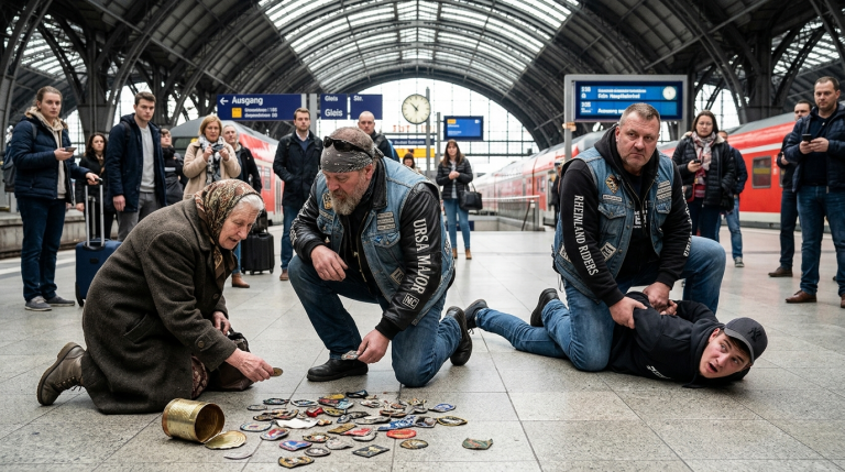 EIN SCHLÄGER AM KÖLNER BAHNHOF OHRFEIGTE EINE ALTE FRAU, WEIL SIE DIE ALTE BLECHDOSE IN IHRER HAND NICHT HERGEBEN WOLLTE. DIE DOSE FIEL ZU BODEN, SPRANG AUF UND GAB DUTZENDE VERBLICHENE BIKER-ABZEICHEN FREI. GENAU IN DIESEM MOMENT SAH EINE VORBEIFAHRENDE BIKERGRUPPE DAS VERTRAUTE SYMBOL. DER ANFÜHRER BEUGTE SICH HINUNTER UND NANNTE SIE DIE „HÜTERIN DES LETZTEN SCHWURS“. DER SCHLÄGER WURDE AM ARM FIXIERT UND VOR DER MENGE DICHT AUF DEN BAHNHOFSBODEN GEDRÜCKT. ER RISS DIE AUGEN AUF UND ATMETE VOR ANGST HASTIG.