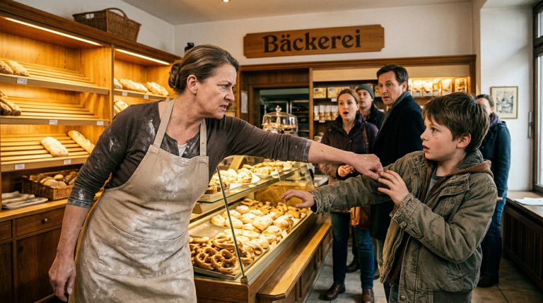 IN EINER BÄCKEREI IN MÜNCHEN SCHLUG DIE BESITZERIN DEM ARM DES ARMEN JUNGEN VOM TRESEN WEG, WEIL SIE DACHTE, ER WOLLE EIN GEBÄCK STEHLEN. DER JUNGE HIELT NUR STILL EIN PAAR KLEINE MÜNZEN HIN. ALS DER BÄCKER DIE ÜBERWACHUNGSKAMERA PRÜFTE, ENTDECKTEN SIE, DASS DER JUNGE IHR PORTEMONNAIE HEIMLICH WIEDER AUF DEN TRESEN ZURÜCKGELEGT HATTE. VOR DEN KUNDEN SENKTE SIE BESCHÄMT DEN KOPF.