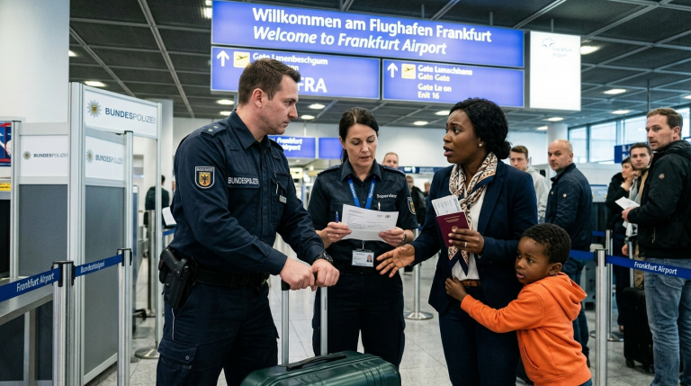 AM FRANKFURTER FLUGHAFEN RISS EIN SICHERHEITSMITARBEITER DEN KOFFER EINER SCHWARZEN FRAU HEFTIG AN SICH UND BESCHULDIGTE SIE, EINEN GEFÄLSCHTEN PASS ZU BENUTZEN. IHR KLEINER SOHN KLAMMERTE SICH VOR ANGST AN SEINE MUTTER. ALS SEIN VORGESETZTER DIE UNTERLAGEN PRÜFTE, STELLTE SICH HERAUS, DASS SIE EINE ÄRZTIN WAR, DIE GERADE VON EINEM INTERNATIONALEN HILFSEINSATZ ZURÜCKGEKEHRT WAR. DER MITARBEITER WURDE SOFORT SUSPENDIERT.
