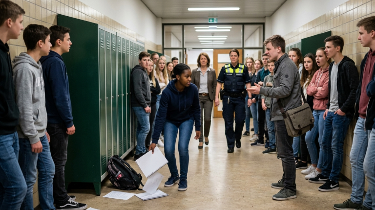 AUF DEM SCHULHOF IN HAMBURG STIEẞ EIN SCHÜLER DAS SCHWARZE MÄDCHEN GEGEN DIE SPINDE UND MACHTE SICH VOR DER MENGE ÜBER IHRE HAUTFARBE LUSTIG. DAS MÄDCHEN HOB SCHWEIGEND DAS HERUNTERGEFALLENE HEFT AUF. ALS DER SCHULLEITER ES ÖFFNETE, SAHEN ALLE, DASS SIE DORT MONATELANG BEWEISE FÜR DAS MOBBING GESAMMELT HATTE. DER SCHÜLER WURDE KREIDEBLEICH, ALS DIE POLIZEI DIE SCHULE BETRAT.