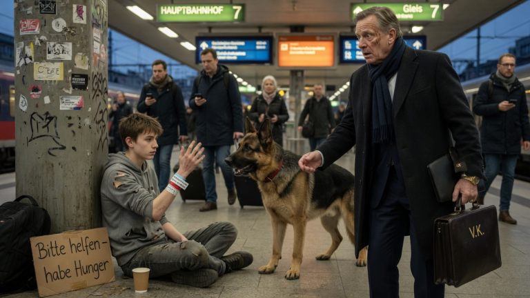 KAPITEL 2 – ALLE DACHTEN, DER SCHÄFERHUND WÜRDE DEN BETTELNDEN JUNGEN AM BAHNHOF ANFALLEN — DOCH DER MILLIARDÄR WURDE BLASS, ALS ER DAS KRANKENHAUSBAND AM HANDGELENK SAH…