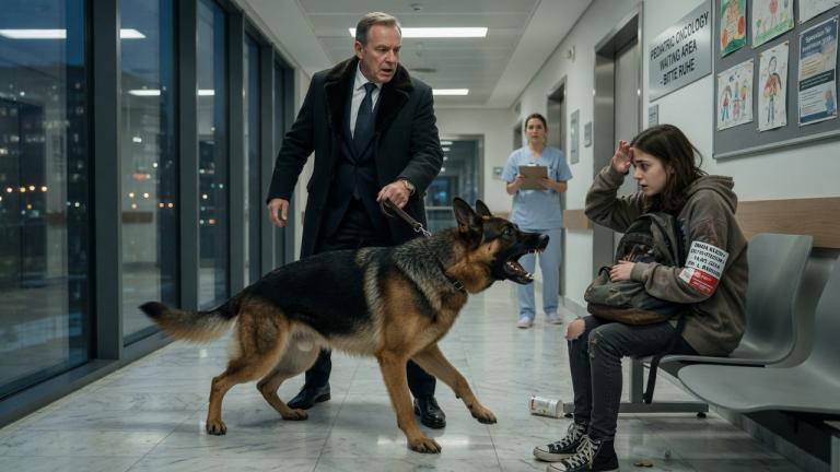 DER MILLIARDÄR WOLLTE SEINEN HUND WEGZIEHEN, ALS DER SCHÄFERHUND EIN ARMES MÄDCHEN ANBELLTE — BIS ER DEN NAMEN AUF IHREM KRANKENHAUSBAND LAS…