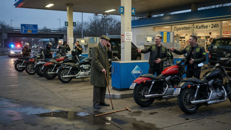 KAPITEL 2 – ZWEI BIKER LACHTEN ÜBER DEN ALTEN MANN AN DER BERLINER TANKSTELLE UND WARFEN SEINEN STOCK WEG — DOCH NACH EINEM ANRUF HIELTEN PLÖTZLICH ALLE MOTORRÄDER STILL…