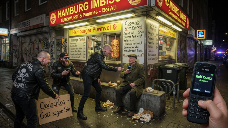 KAPITEL 2 – DREI BIKER DEMÜTIGTEN EINEN ALTEN MANN VOR DEM HAMBURGER IMBISS UND NANNTEN IHN „OBDACHLOS“ — BIS DER SENIOR DAS HANDY HOB UND NUR EINEN NAMEN SAGTE…