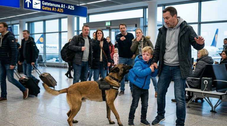 MEIN MALINOIS BISS EINEM KLEINEN JUNGEN AM FRANKFURTER FLUGHAFEN IN DIE JACKE UND ZOG IHN VON DEM MANN WEG, DER SEINE HAND FESTHIELT. DIE ELTERN IN DER UMGEBUNG DACHTEN, DER HUND SEI VERRÜCKT GEWORDEN. DOCH DER JUNGE FLÜSTERTE ZITTERND: „ICH KENNE DIESEN MANN NICHT.“