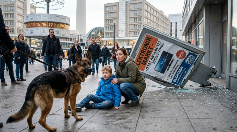 MEIN DEUTSCHER SCHÄFERHUND BISS EINEM KLEINEN JUNGEN AM ALEXANDERPLATZ IN DIE JACKE UND ZOG IHN SO HEFTIG, DASS ER VOM BÜRGERSTEIG STÜRZTE. SEINE MUTTER DACHTE, DER HUND WÜRDE IHN ANGREIFEN, UND SCHLUG IHM AUF DEN RÜCKEN. DOCH IM NÄCHSTEN MOMENT STÜRZTE DAS WERBESCHILD ÜBER IHNEN GENAU AUF DIE STELLE HERAB, AN DER DER JUNGE GERADE NOCH GESTANDEN HATTE.