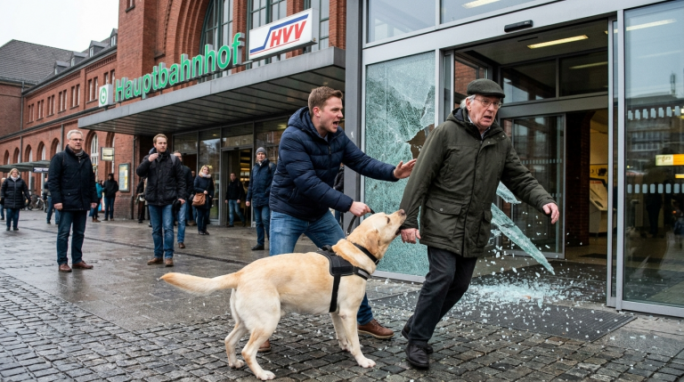 MEIN LABRADOR BISS EINEM ALTEN MANN VOR DEM HAMBURGER BAHNHOF IN DEN ÄRMEL UND ZOG IHN VON DER GLASTÜR ZURÜCK. SEIN SOHN SCHRIE MICH WÜTEND AN UND STIEẞ DEN HUND WEG. EIN PAAR SEKUNDEN SPÄTER BEKAM DIE GROẞE GLASSCHEIBE EINEN SPRUNG UND STÜRZTE KLIRREND AUF DEN STEINBODEN. DER ALTE MANN ZITTERTE, UND MIR LIEF ES EISKALT DEN RÜCKEN HINUNTER.