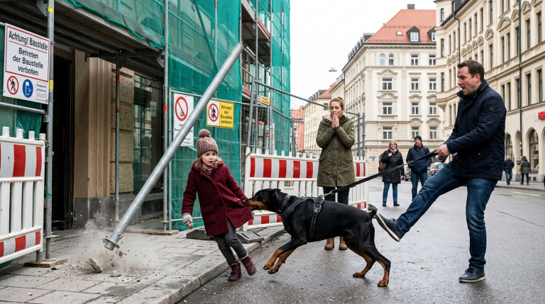 MEIN DOBERMANN STÜRMTE IN MÜNCHEN NACH VORN, BISS EINEM KLEINEN MÄDCHEN IN DEN MANTELSAUM UND ZOG SIE VOM EINGANG DER BAUSTELLE WEG. IHR VATER DACHTE, DER HUND WÜRDE SEIN KIND BEIẞEN, UND TRAT GEGEN DIE LEINE. DOCH IN GENAU DIESEM MOMENT FIEL EINE METALLSTANGE VOM GERÜST DIREKT VOR IHNEN ZU BODEN. ICH STAND WIE ERSTARRT DA.